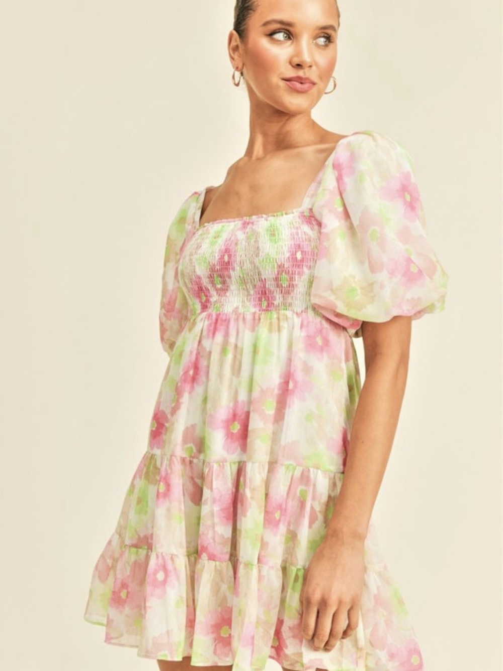 Reset by Jane: Floral Puff-Sleeve Smocked Mini Dress - Pink & Green